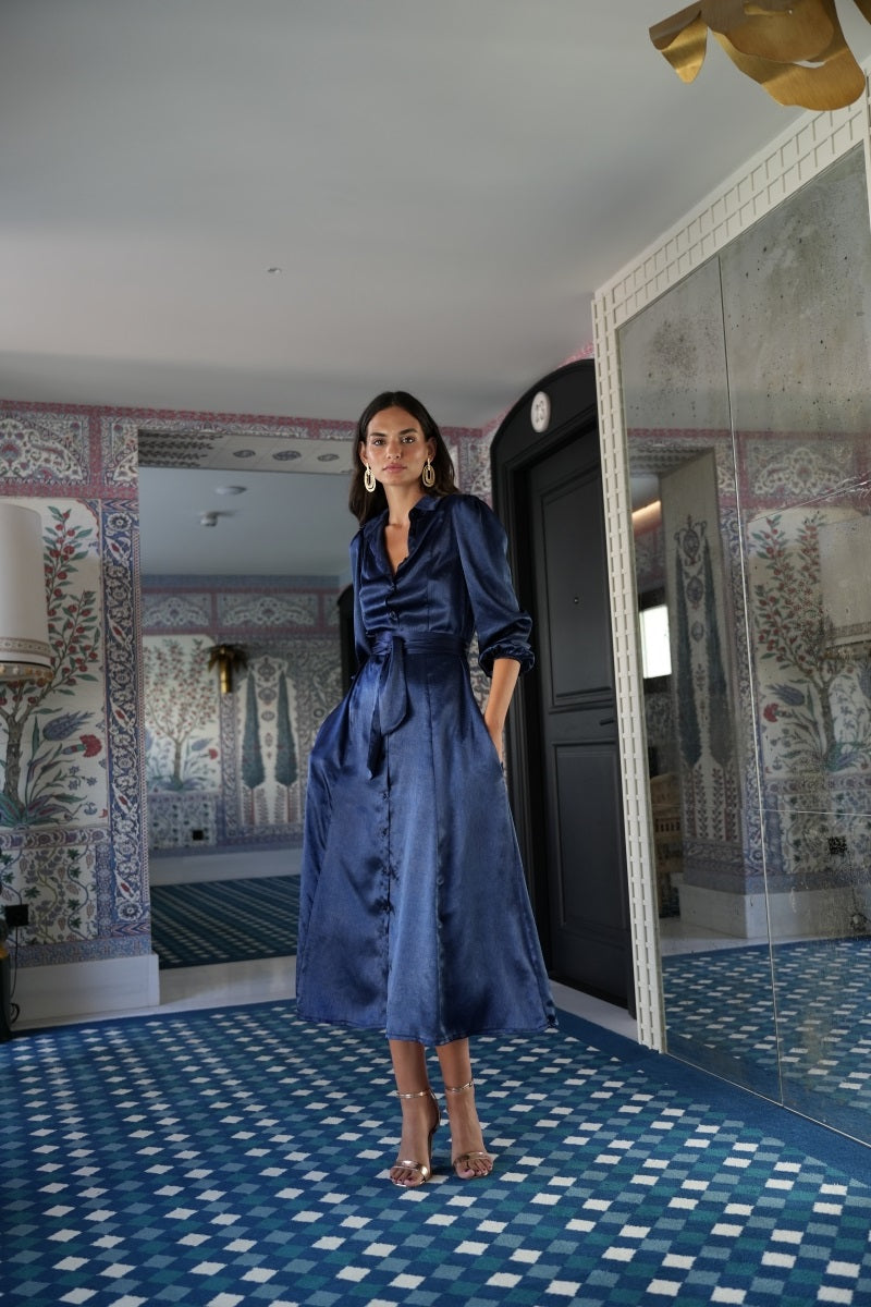 Vestido MARINO raso camisero abotonado