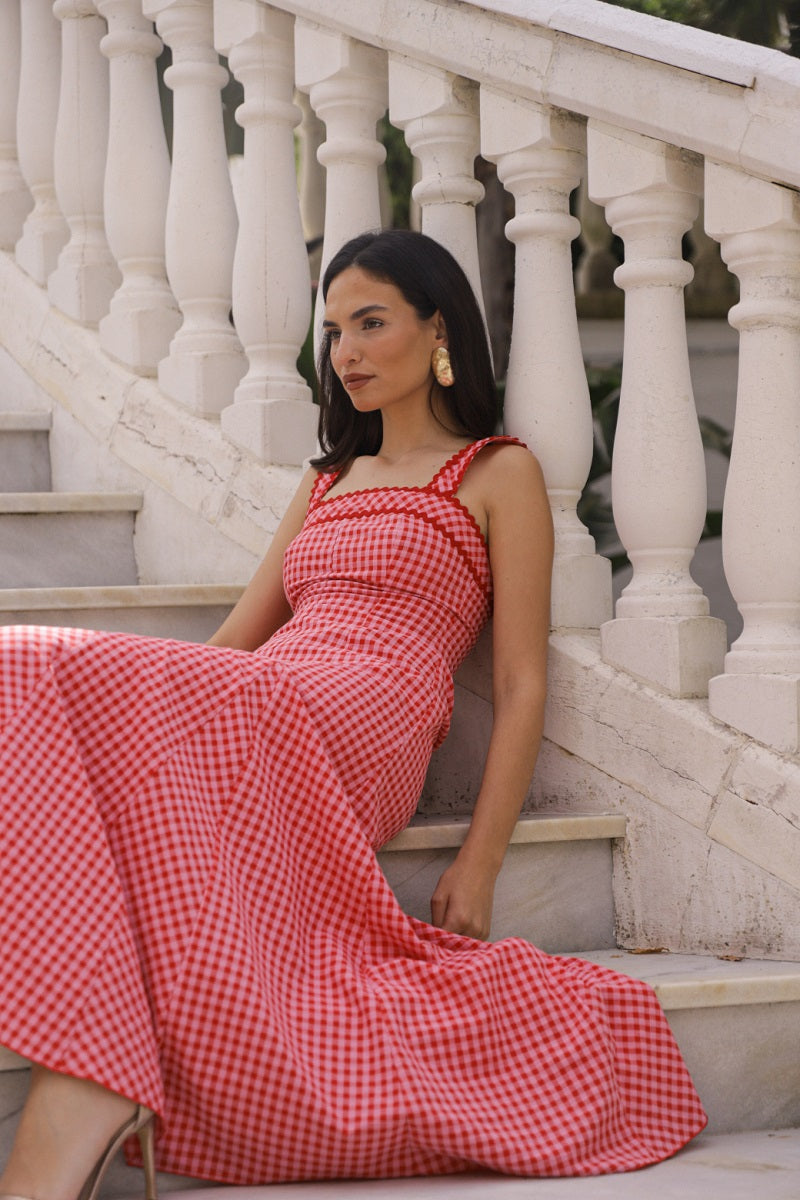 Vestido cuadro fuxia-rojo