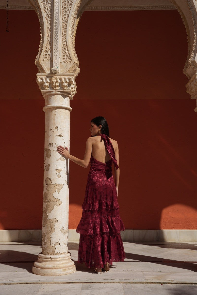 Vestido jacquard volantes teja