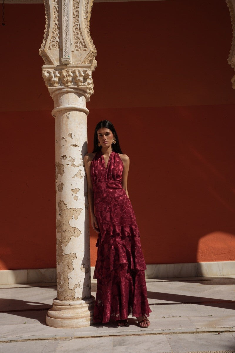 Vestido jacquard volantes teja