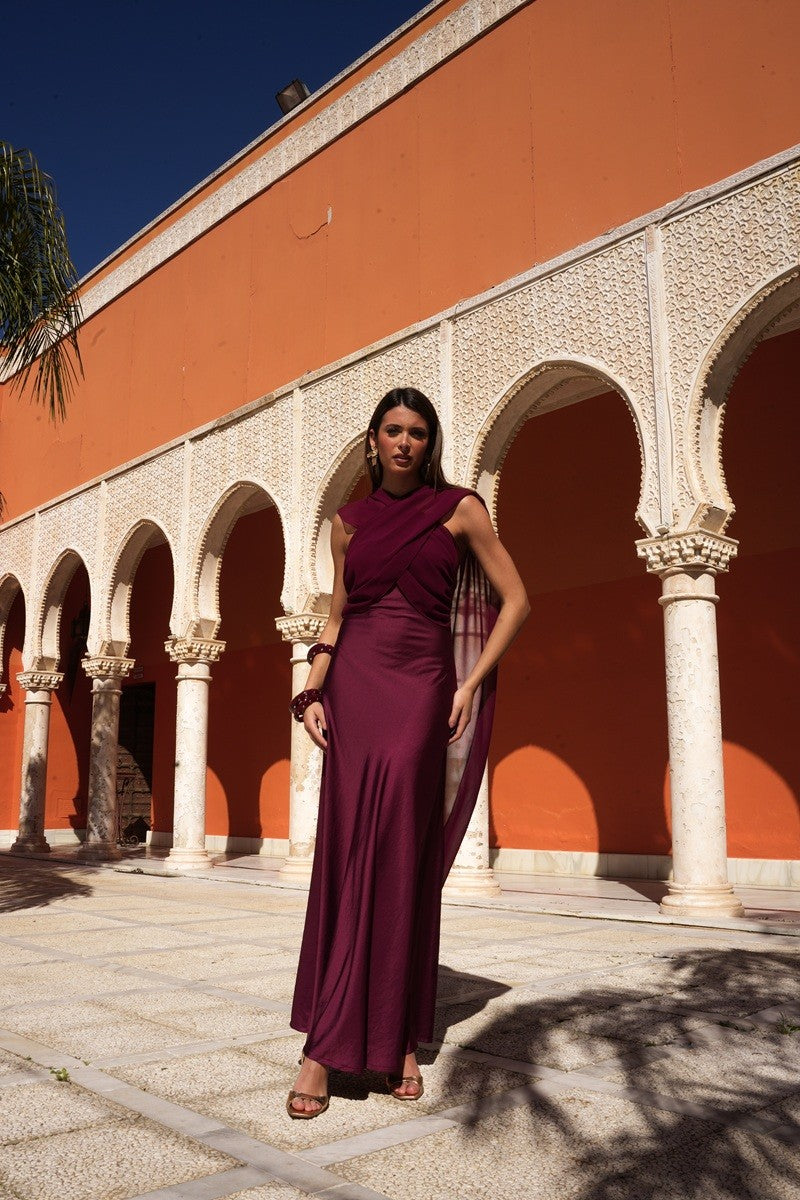 Vestido raso con gasa para anudar