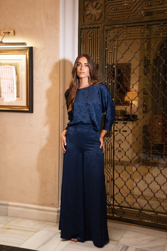Conjunto jacquard marino blusa pantalón