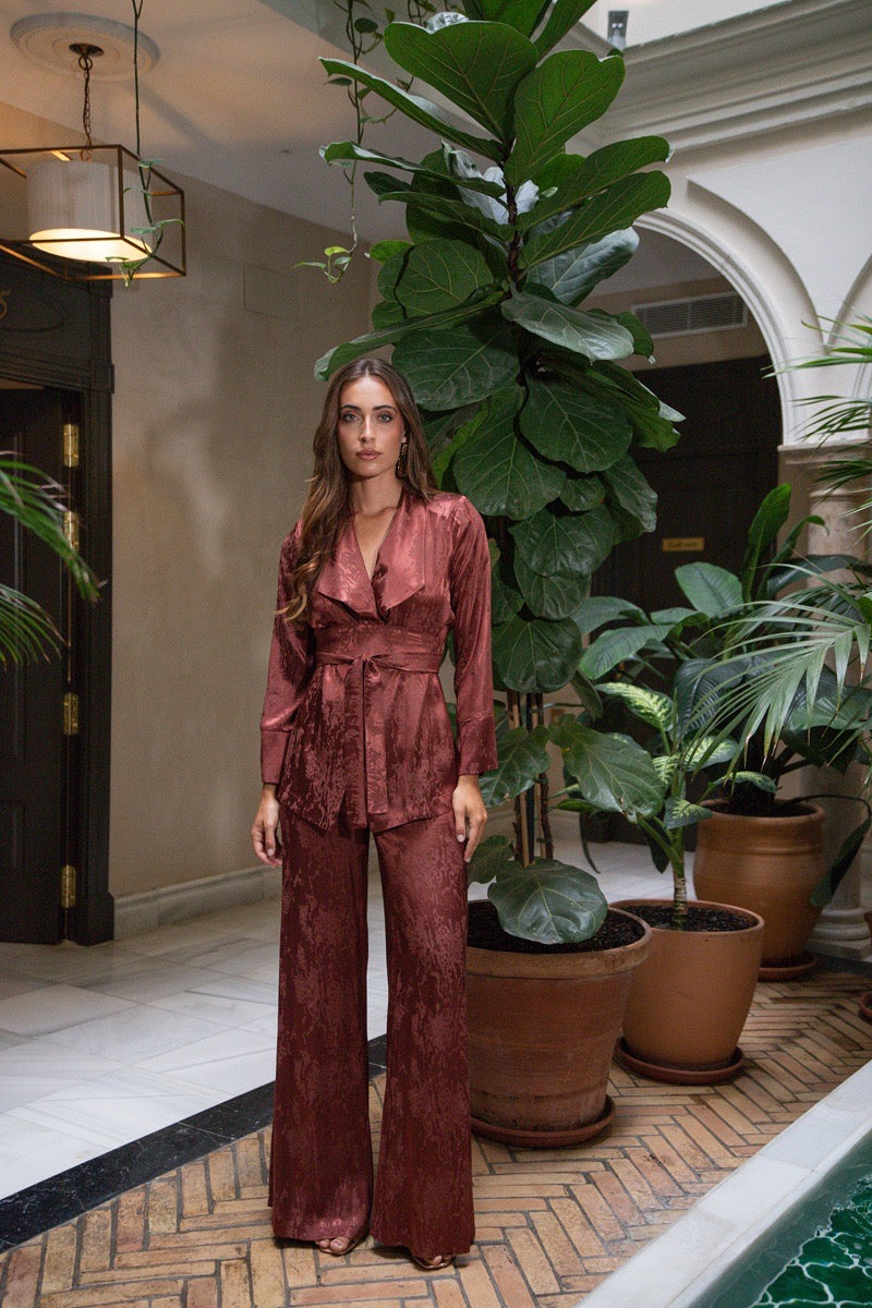 Traje jacquard teja chaqueta pantalón