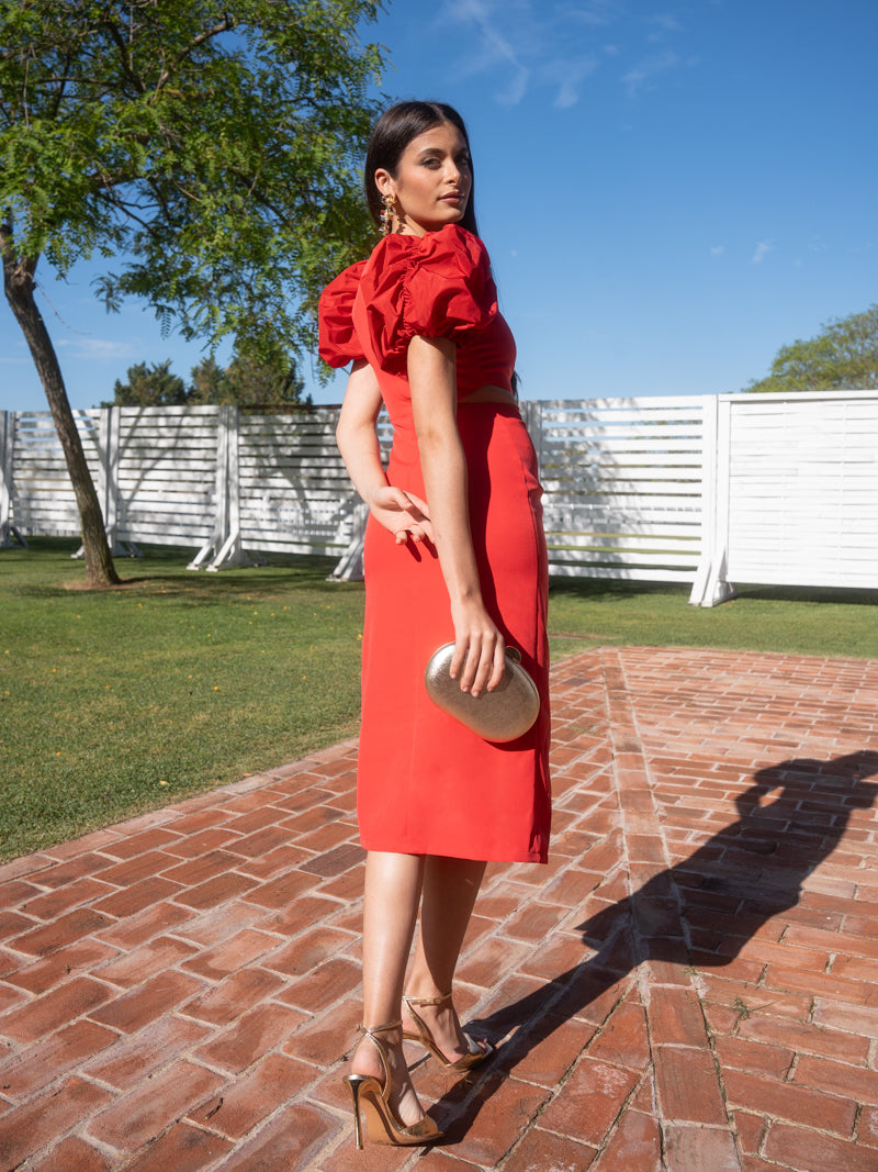 Vestido rojo manga tafeta goma