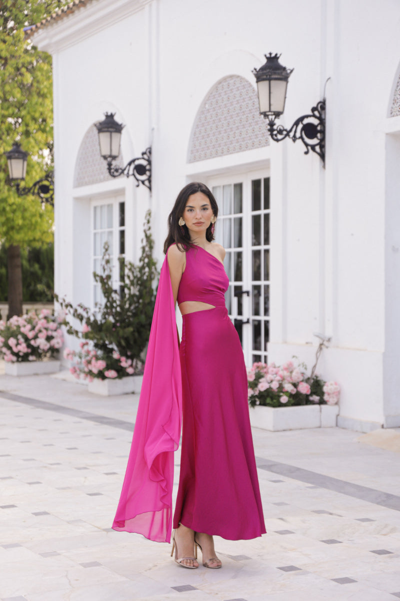 Vestido bugambilla raso asimétrico