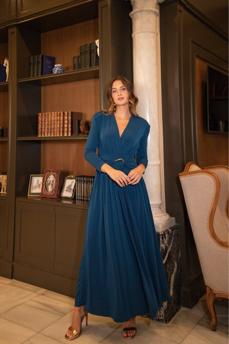 Vestido punto azul detalle dorado