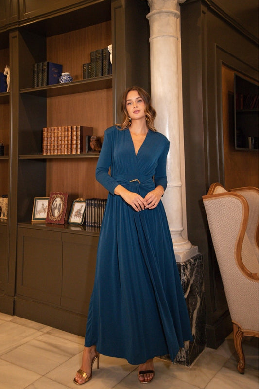 Vestido punto azul detalle dorado