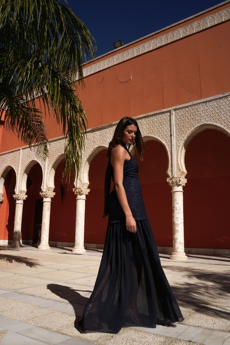 Vestido marino jacquard gasa largo
