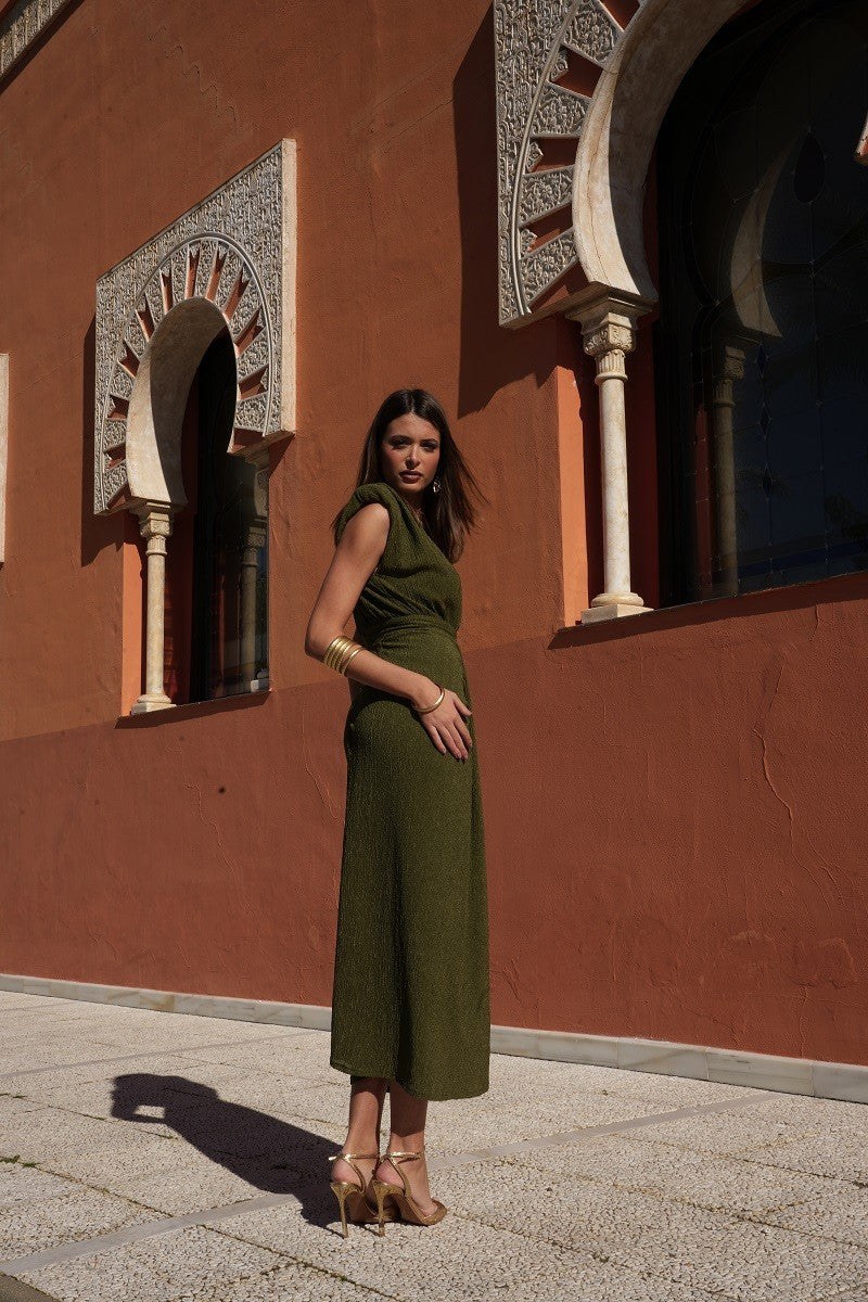 Vestido punto plisado oliva