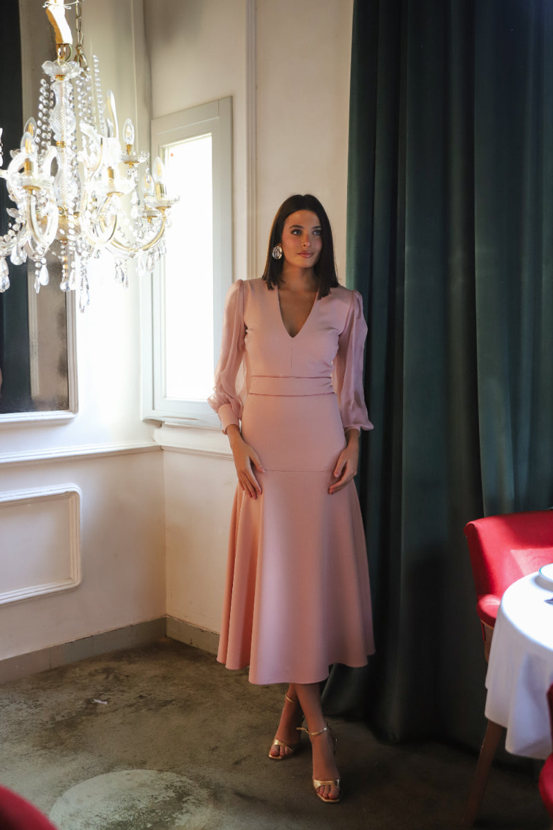 Vestido nude manga gasa botones