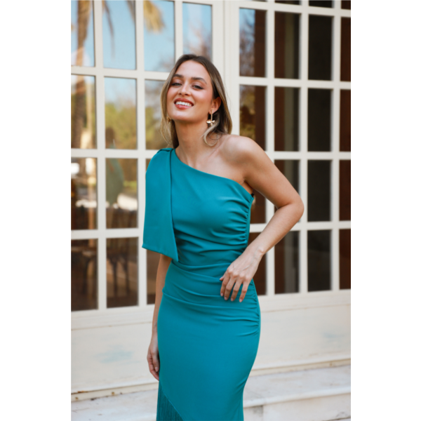 Vestido turquesa flecos asimétrico