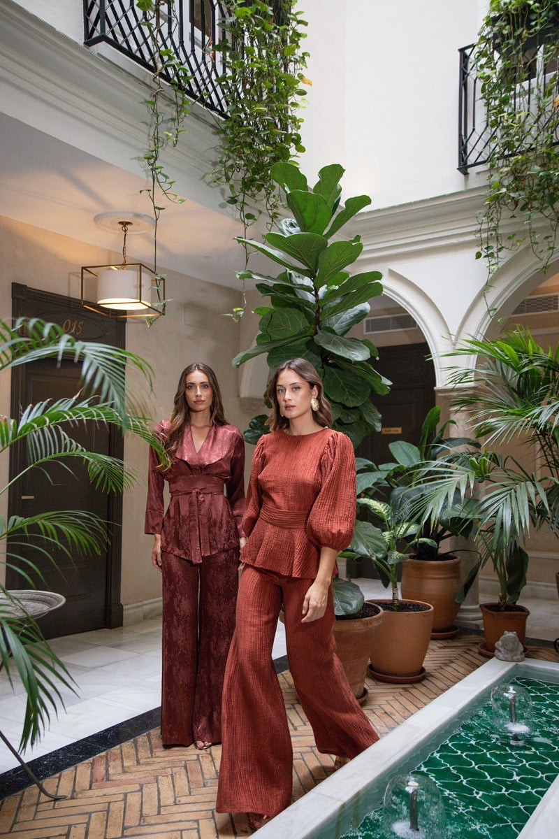 Conjunto plisado teja top pantalón