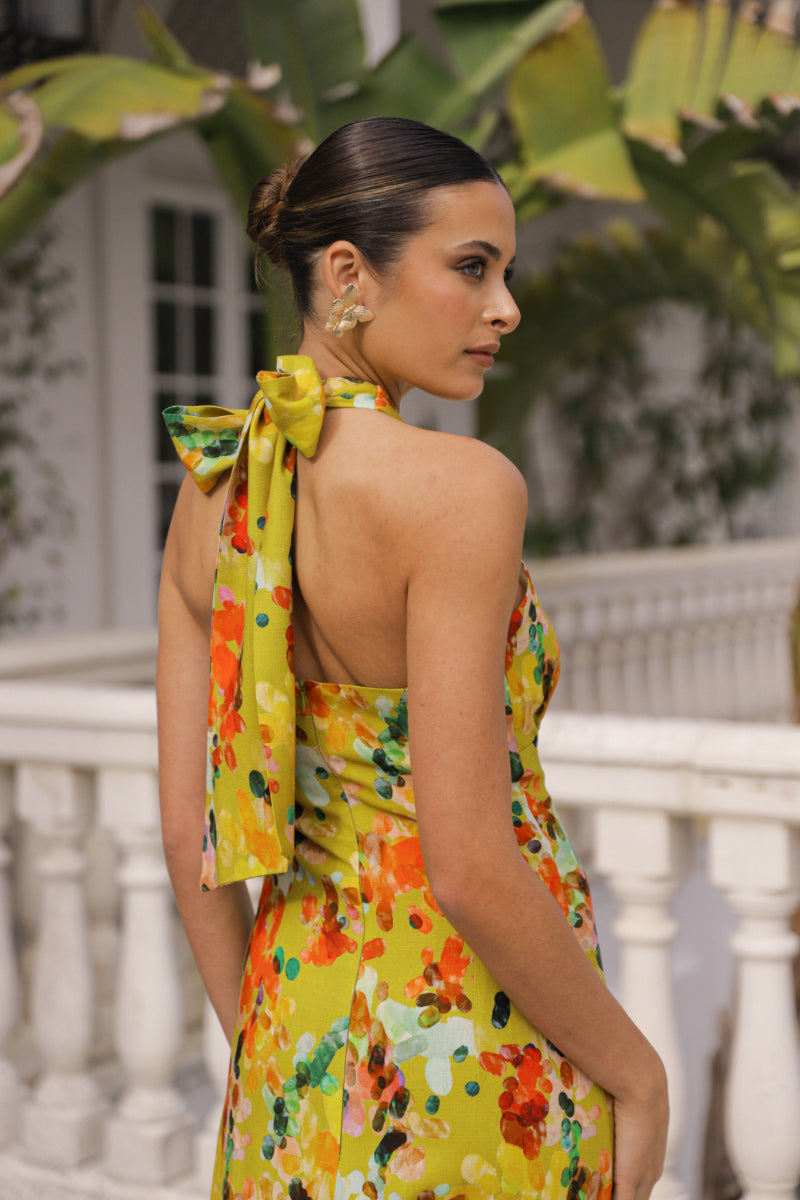 Vestido lino estampado nudo cuello