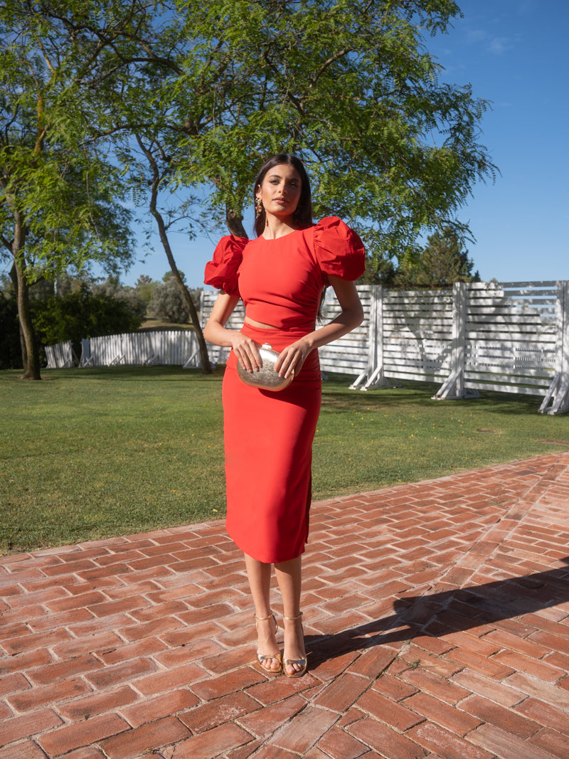 Vestido rojo manga tafeta goma