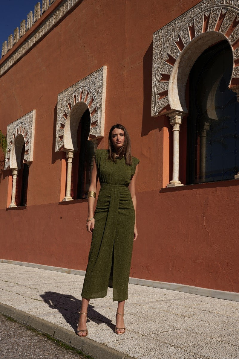 Vestido punto plisado oliva