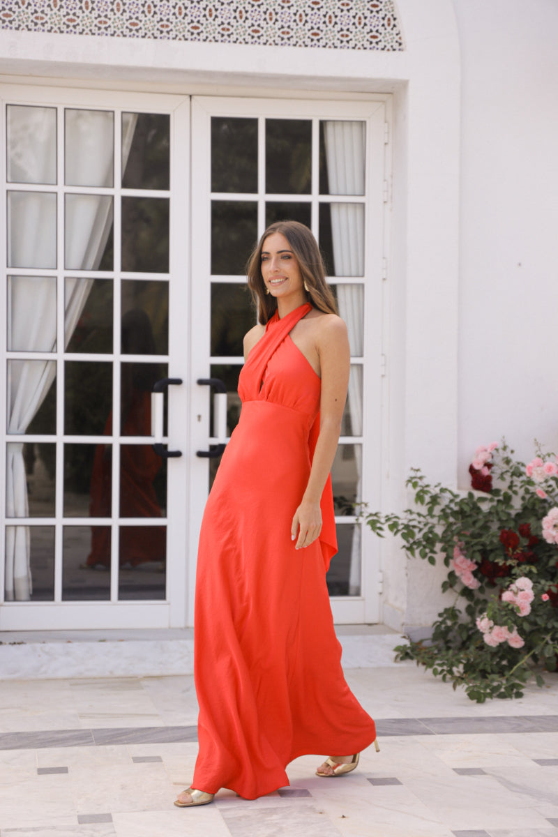 Vestido coral raso anudado cuello lazo
