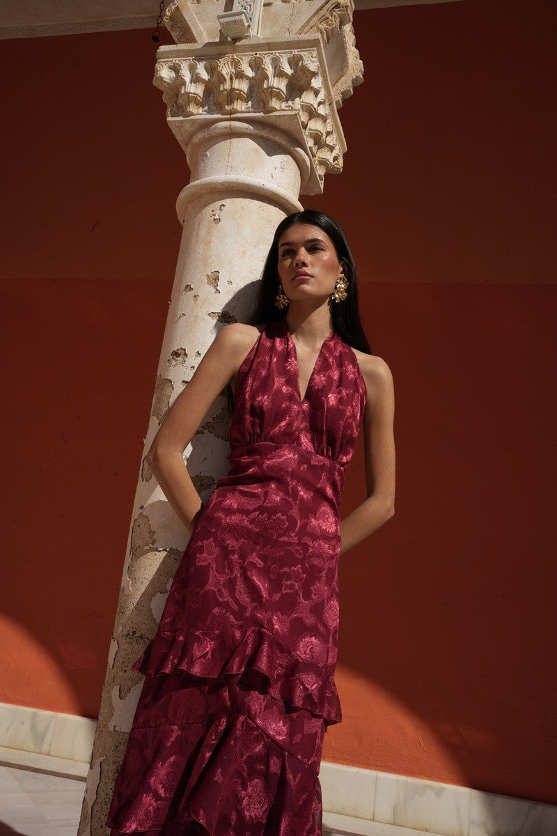 Vestido jacquard volantes teja