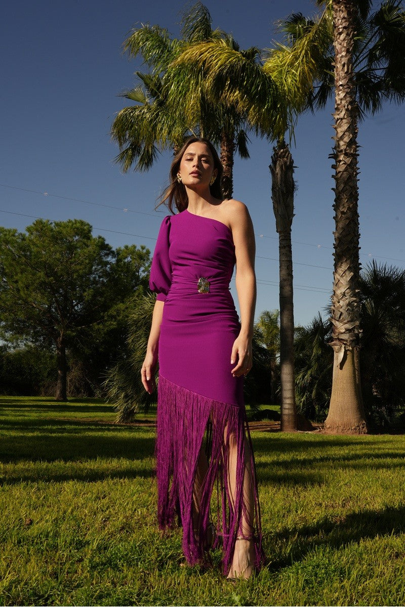 Vestido bordado nude flecos
