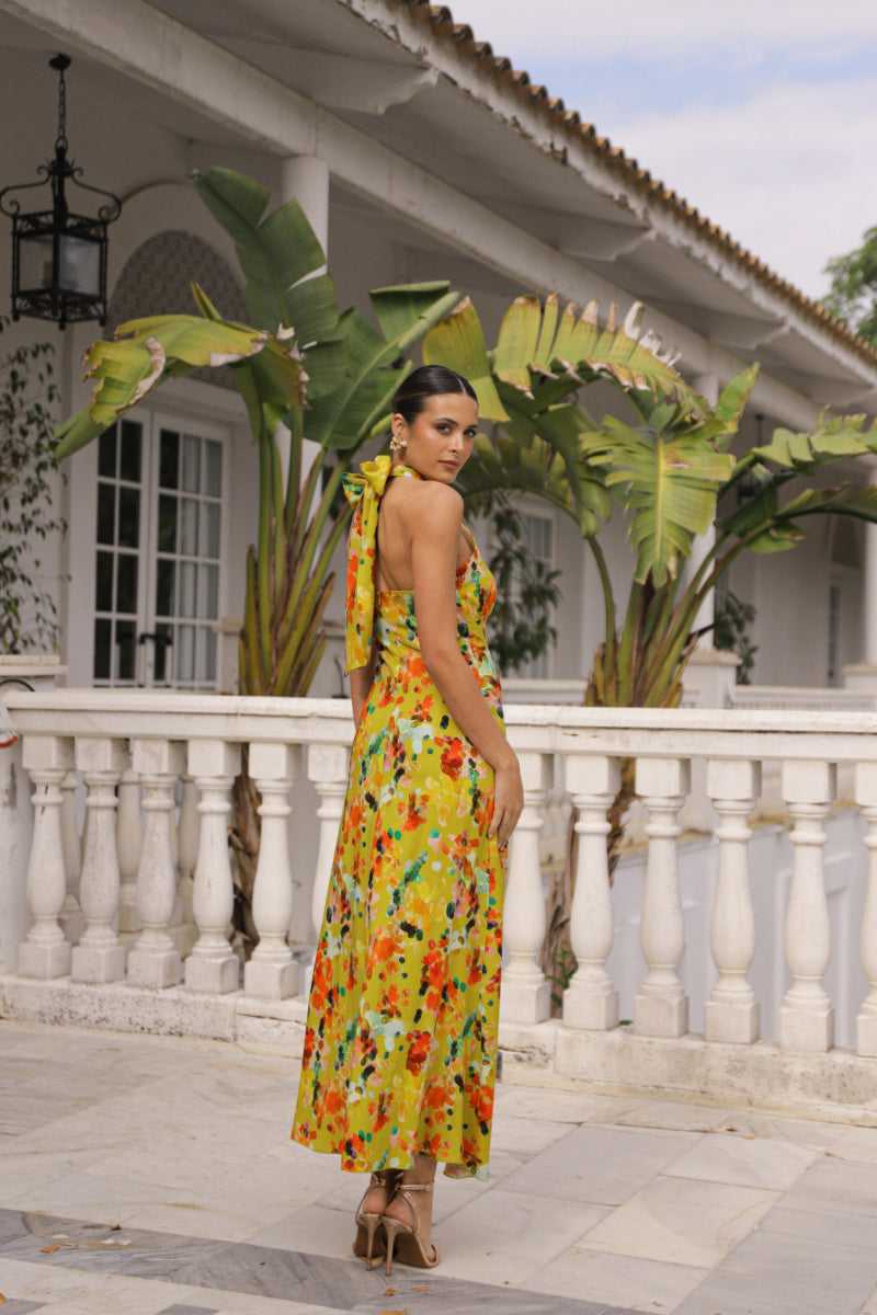 Vestido lino estampado nudo cuello