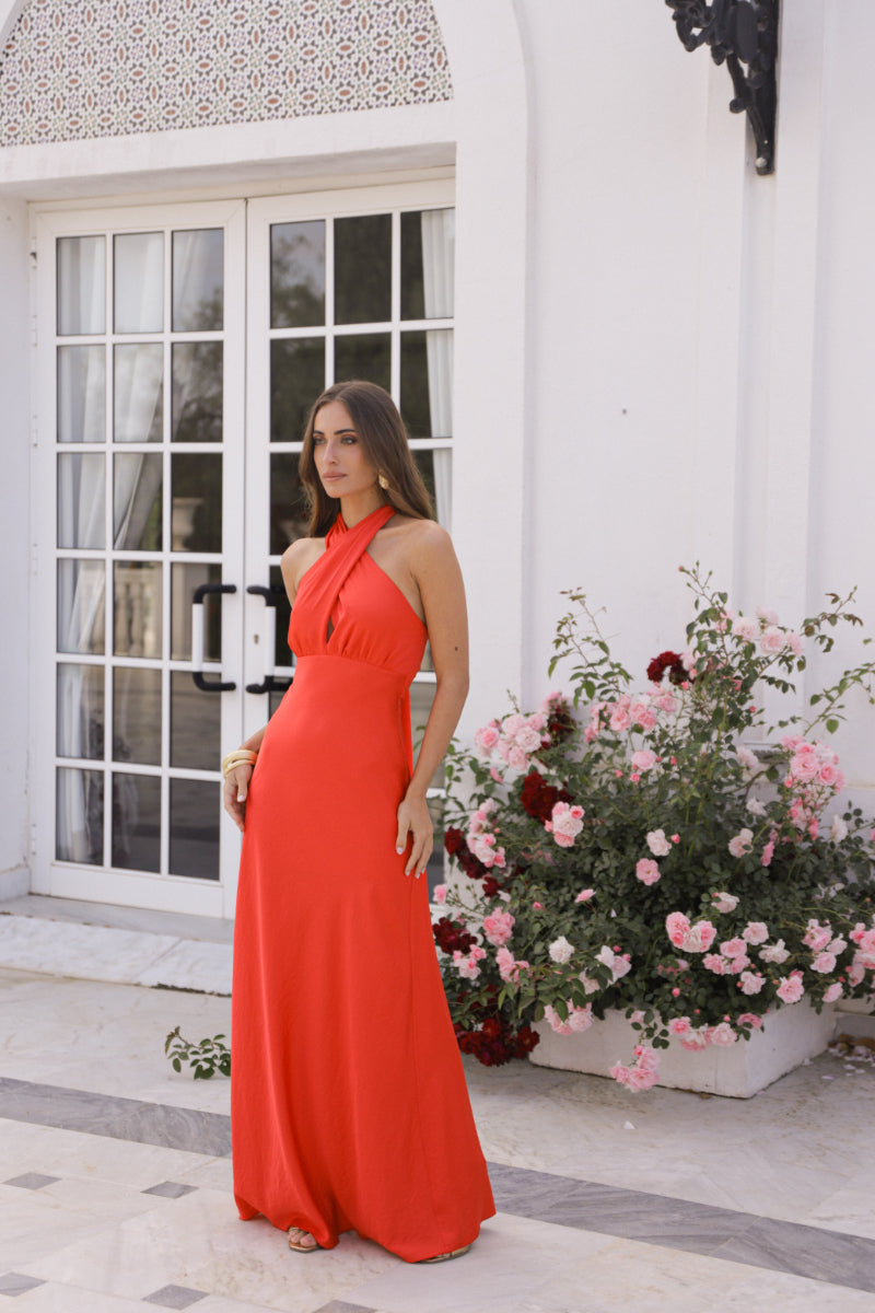 Vestido coral raso anudado cuello lazo