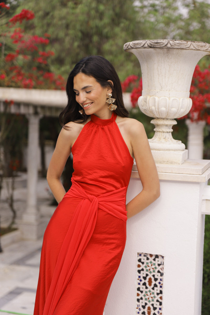 Vestido rojo raso lazo gasa