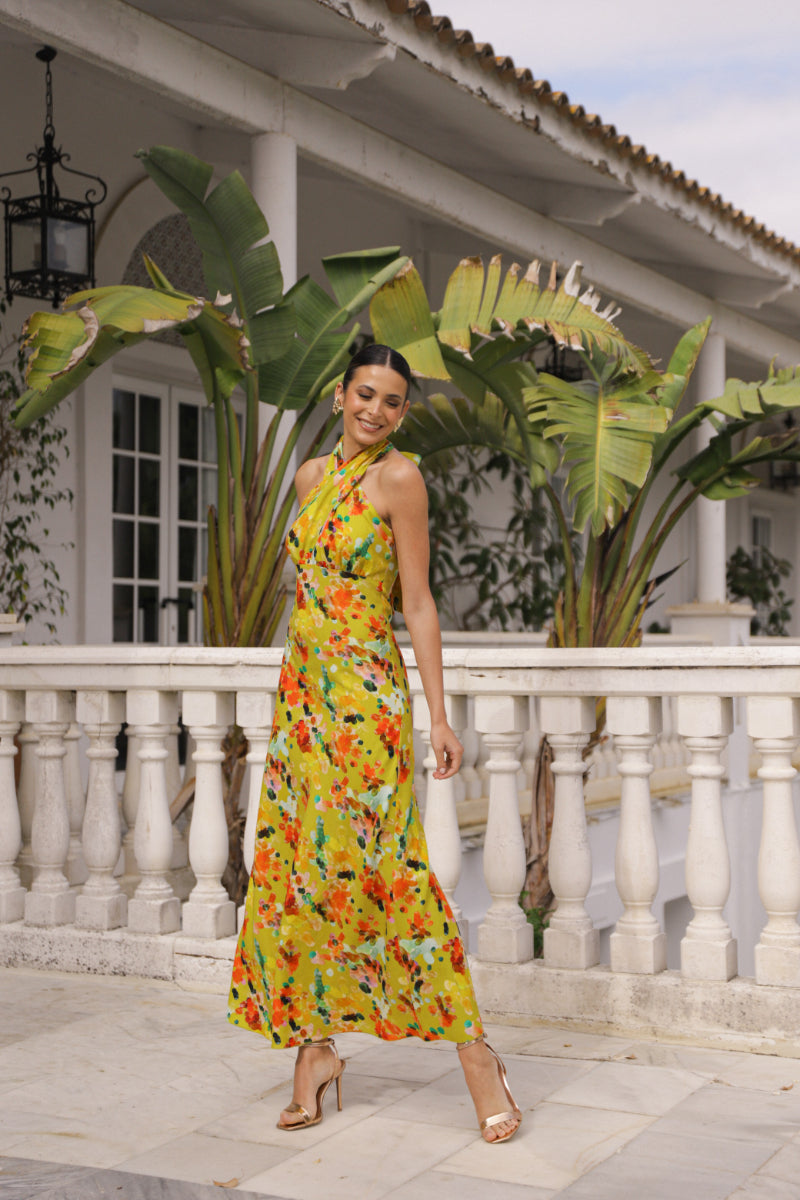 Vestido lino estampado nudo cuello