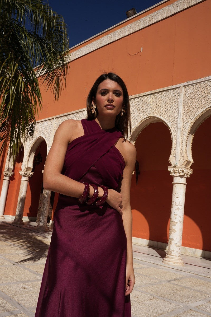 Vestido raso con gasa para anudar