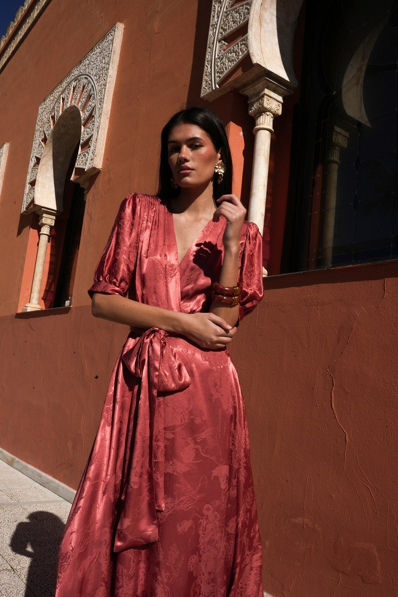 Vestido jacquard teja cruzado