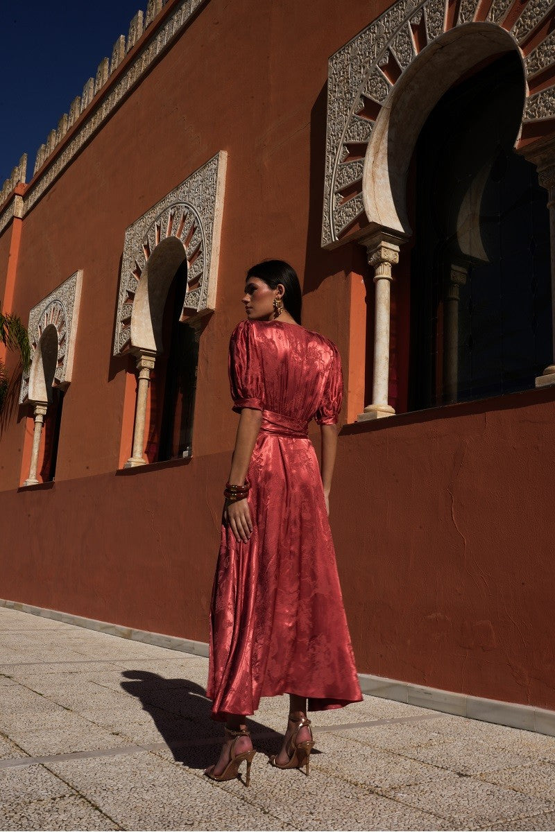Vestido jacquard teja cruzado