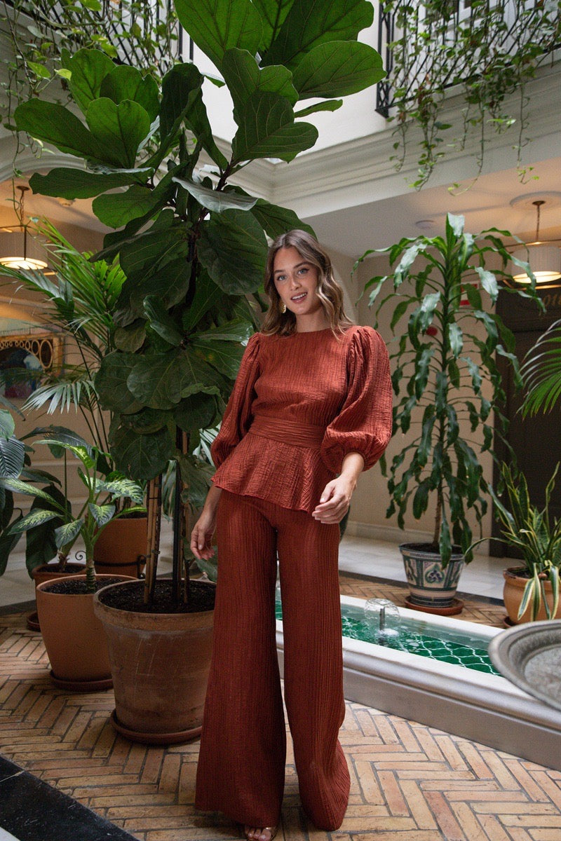 Conjunto plisado teja top pantalón