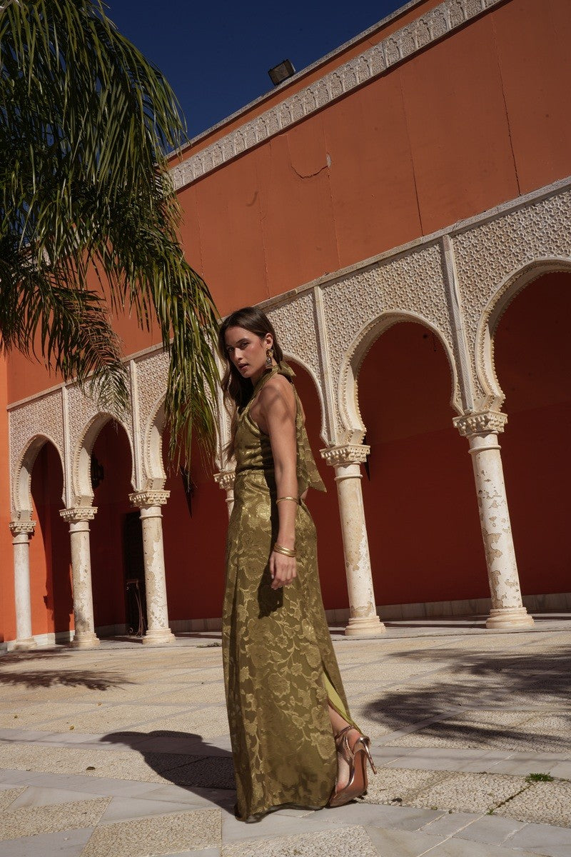 Vestido gasa devorada oliva