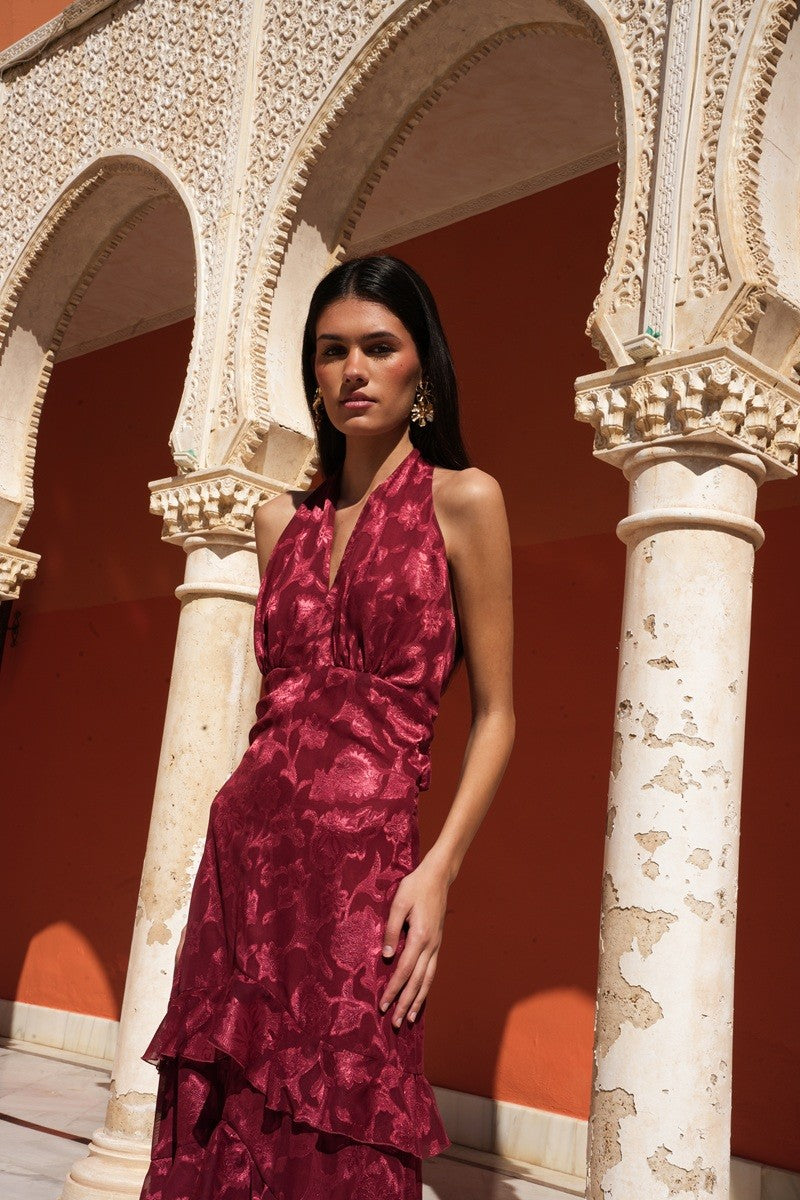 Vestido jacquard volantes teja