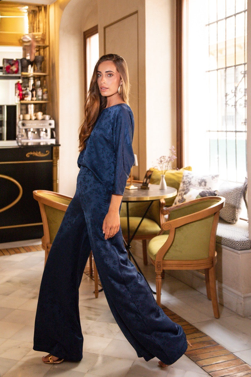 Conjunto jacquard marino blusa pantalón