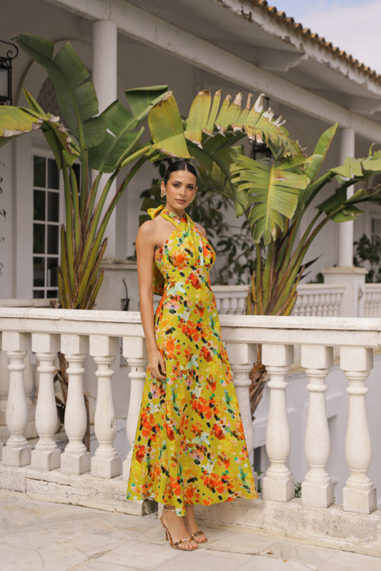 Vestido lino estampado nudo cuello
