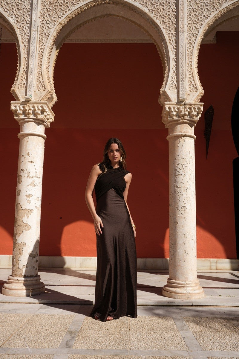 Vestido choco raso con gasa para anudar