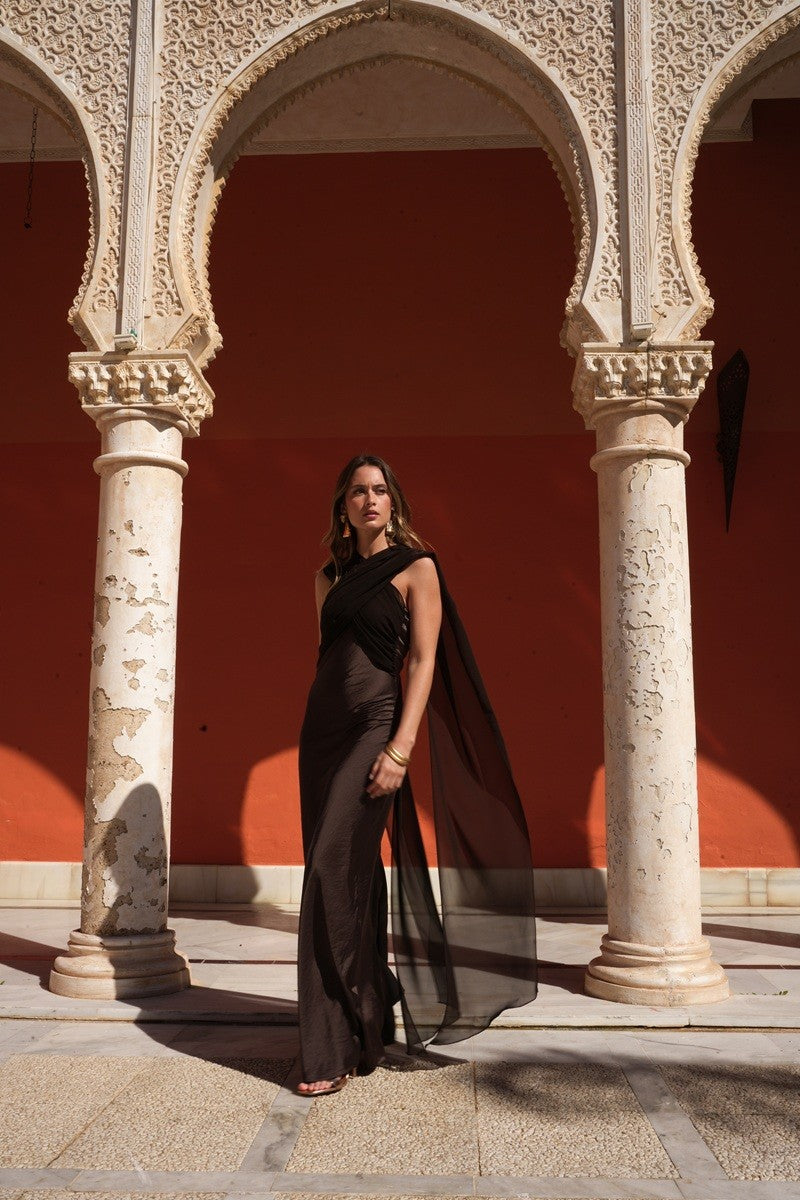 Vestido choco raso con gasa para anudar