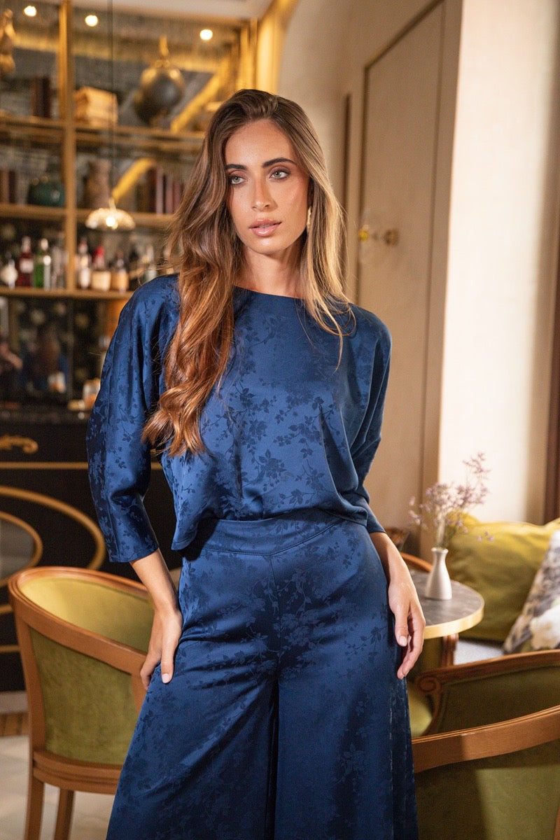 Conjunto jacquard marino blusa pantalón