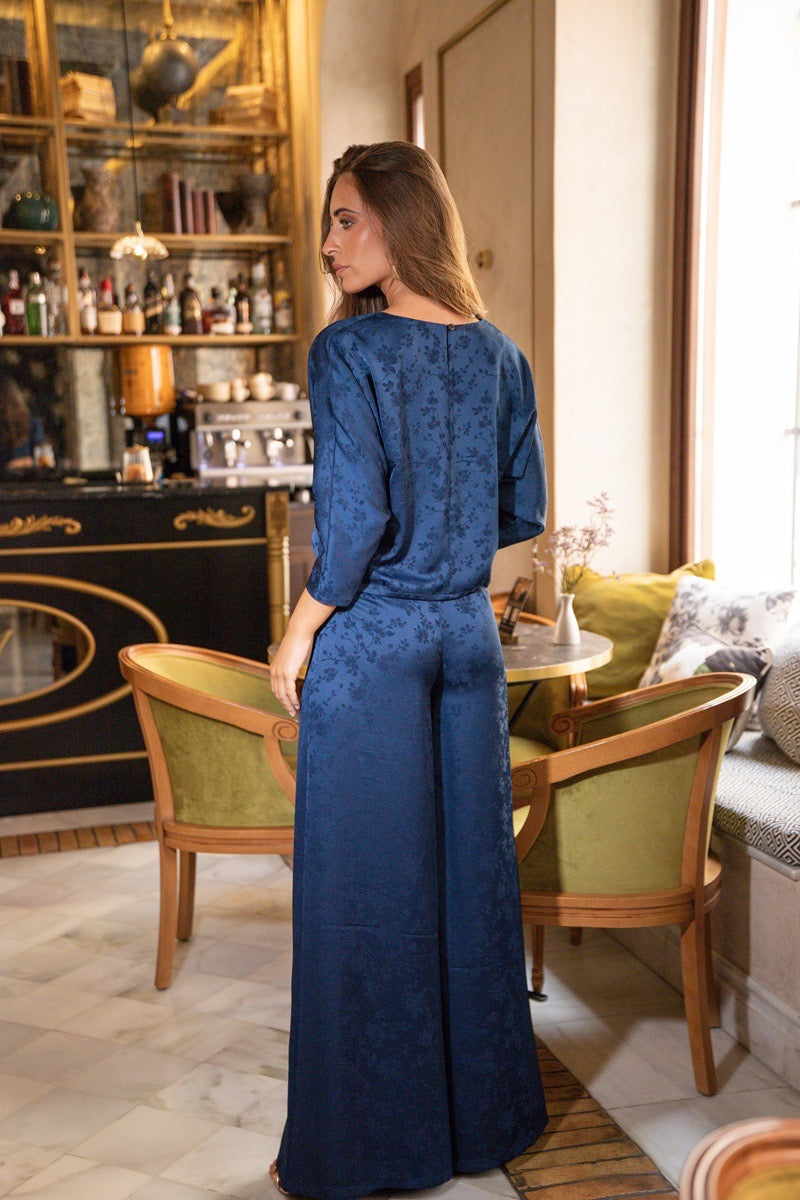 Conjunto jacquard marino blusa pantalón