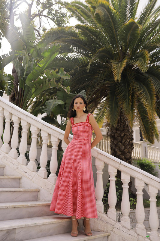 Vestido cuadro fuxia-rojo