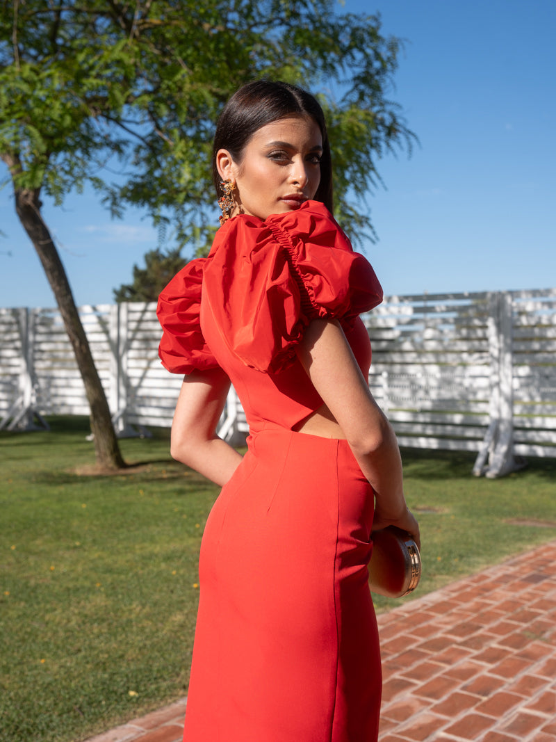 Vestido rojo manga tafeta goma