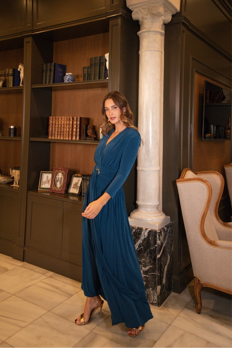 Vestido punto azul detalle dorado