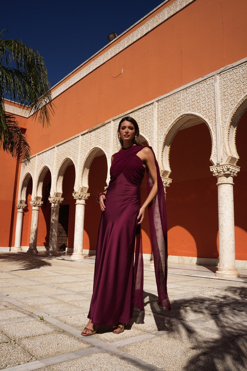 Vestido raso con gasa para anudar