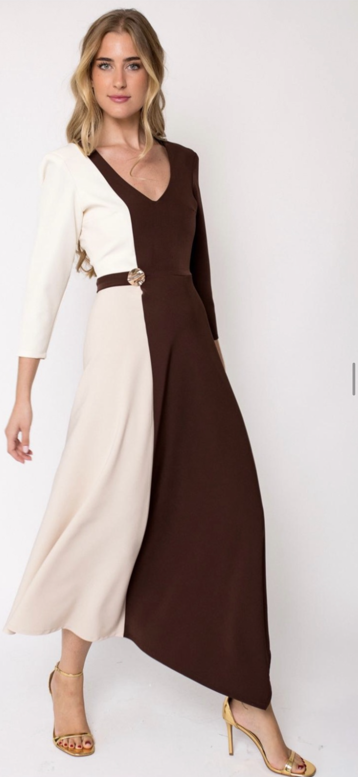 VESTIDO TRICOLOR BOTÓN CINTURA