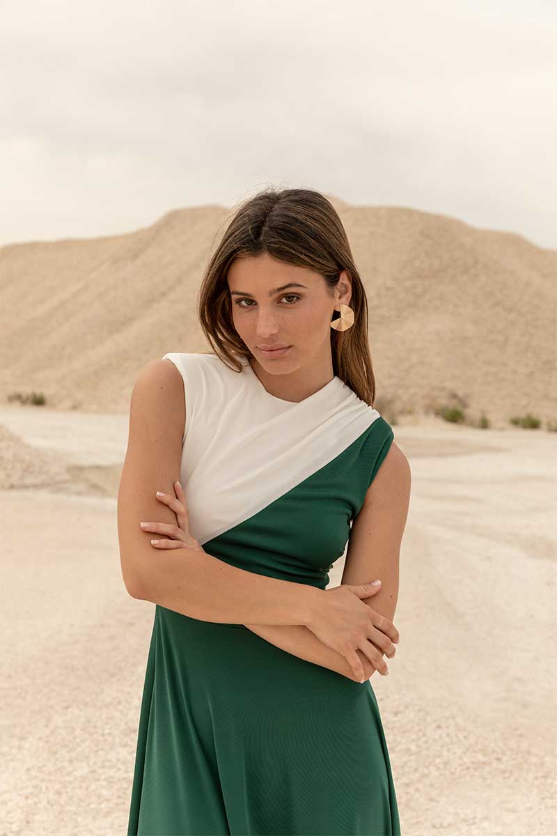 VESTIDO BICOLOR VERDE/CRUDO PUNTO