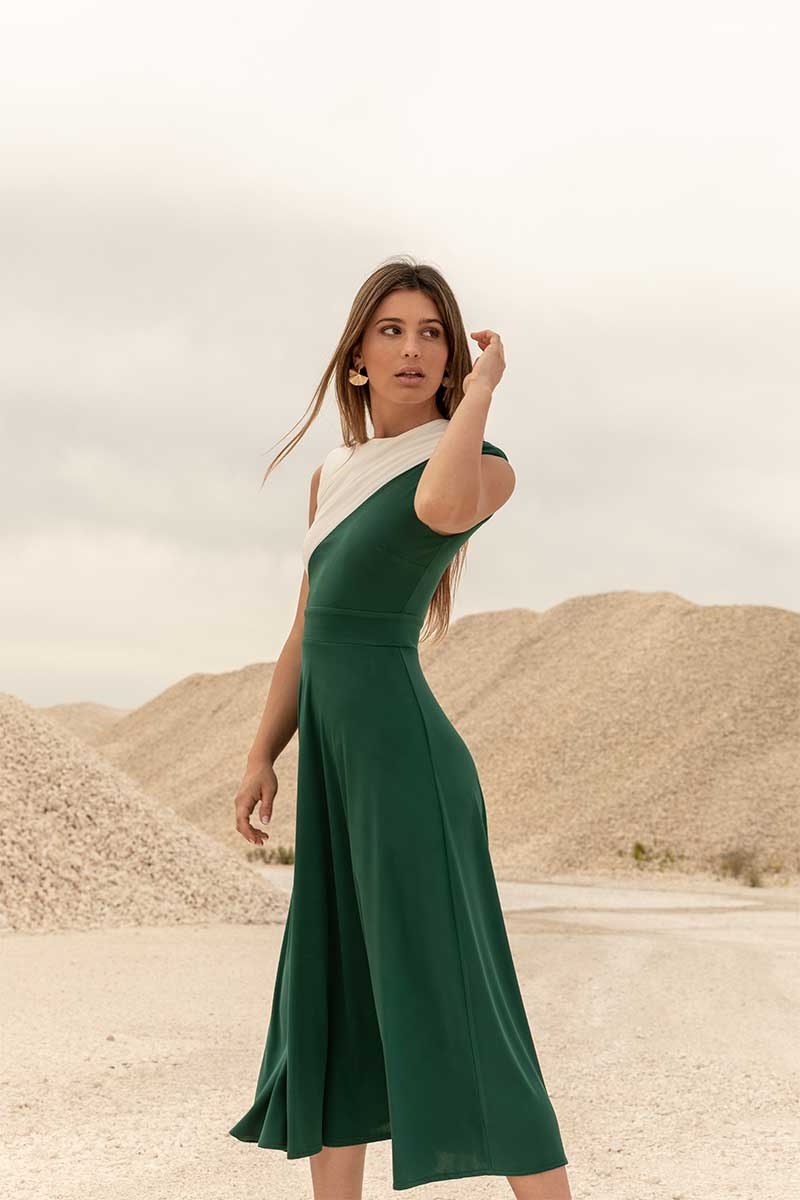 VESTIDO BICOLOR VERDE/CRUDO PUNTO