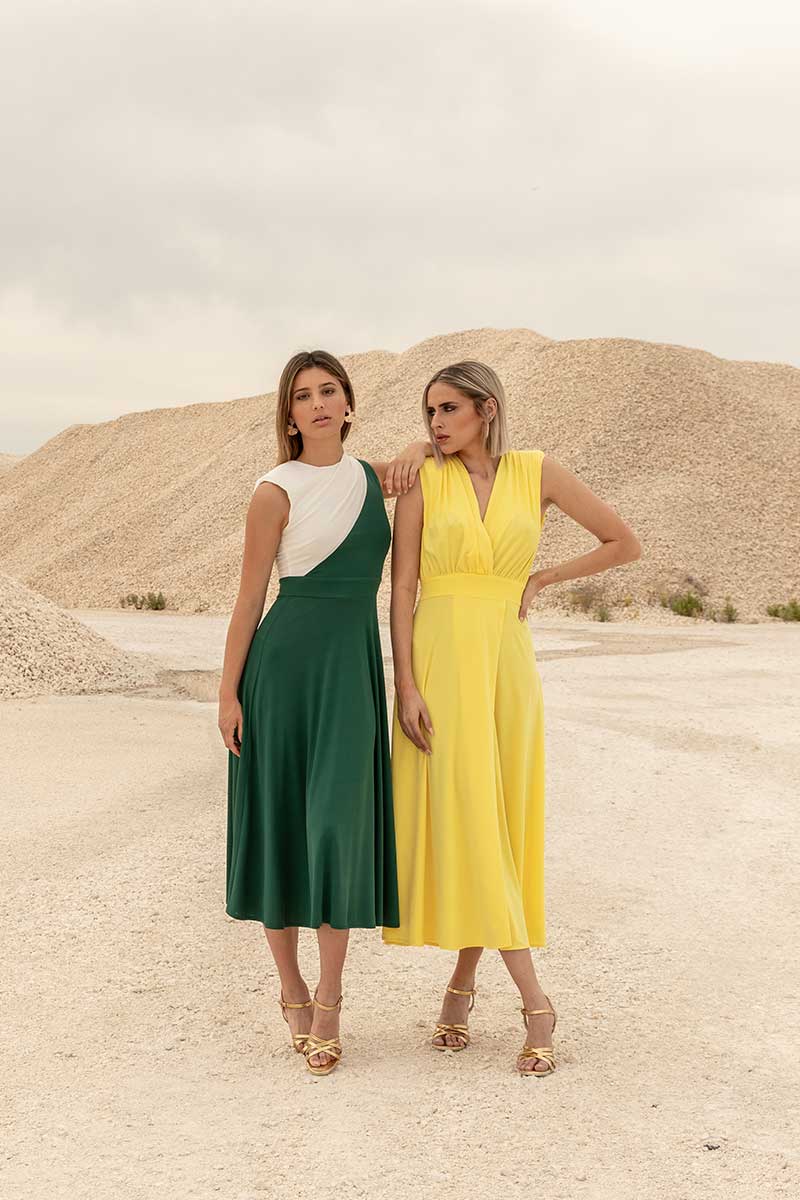 VESTIDO BICOLOR VERDE/CRUDO PUNTO